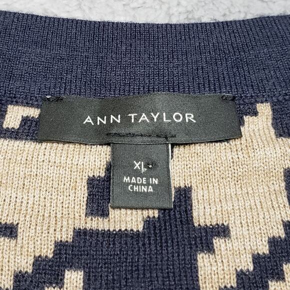 Ann Taylor Sweater Vest Size XL Sequined Houndstooth Knit Navy Beige Sleeveless - Picture 7 of 10